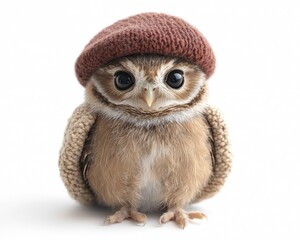 Fototapeta premium Cute owl wearing a knitted hat, posing adorably against a soft background