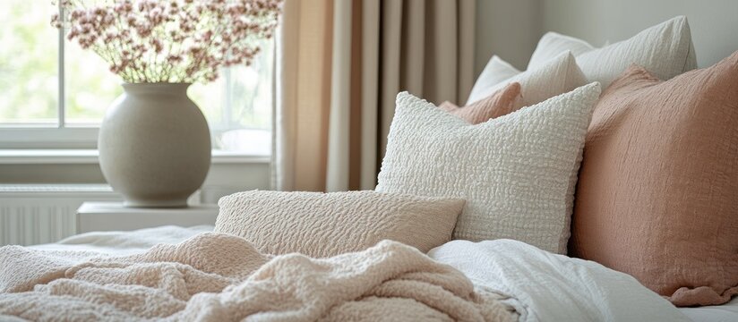 Cozy bedroom with blush-toned pillows and flowers