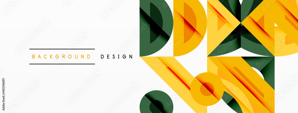Poster abstract geometric paper layers create dynamic composition. yellow, green hues dominate design, offe