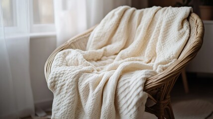 A wicker chair with a cozy cream colored blanket draped on it