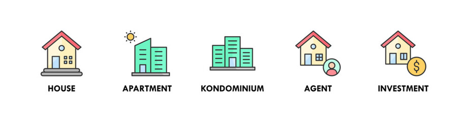 Real Estate banner web icon illustration concept with icon of house, apartment, condominium, agent, and investment