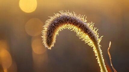 Fototapeta premium A Curved Plant Covered In Frost With Warm Golden Light