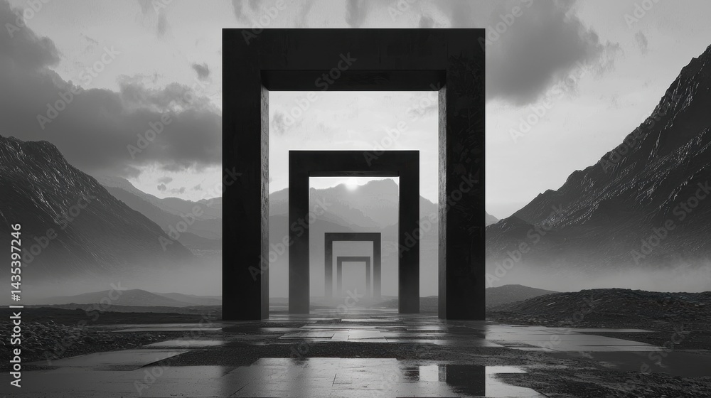 Poster a black and white image of a surreal landscape featuring a series of black rectangular pillars leadi