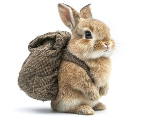 Obraz premium Cute rabbit with a backpack standing upright against a plain background