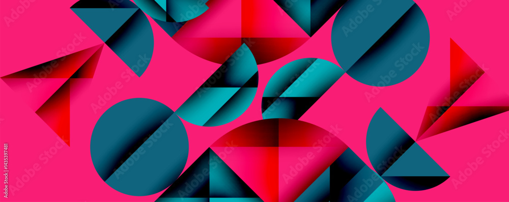Poster abstract geometric composition. circles, triangles overlap, creating vibrant visual effect. pink, te