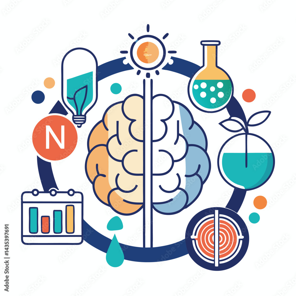 Poster neural vector logo design showcasing a brain symbol integrated with elements of neuroscience and res