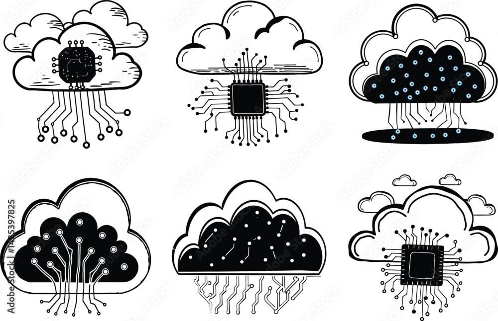 Poster cloud computing design collection of different connection concepts and electronic circuits