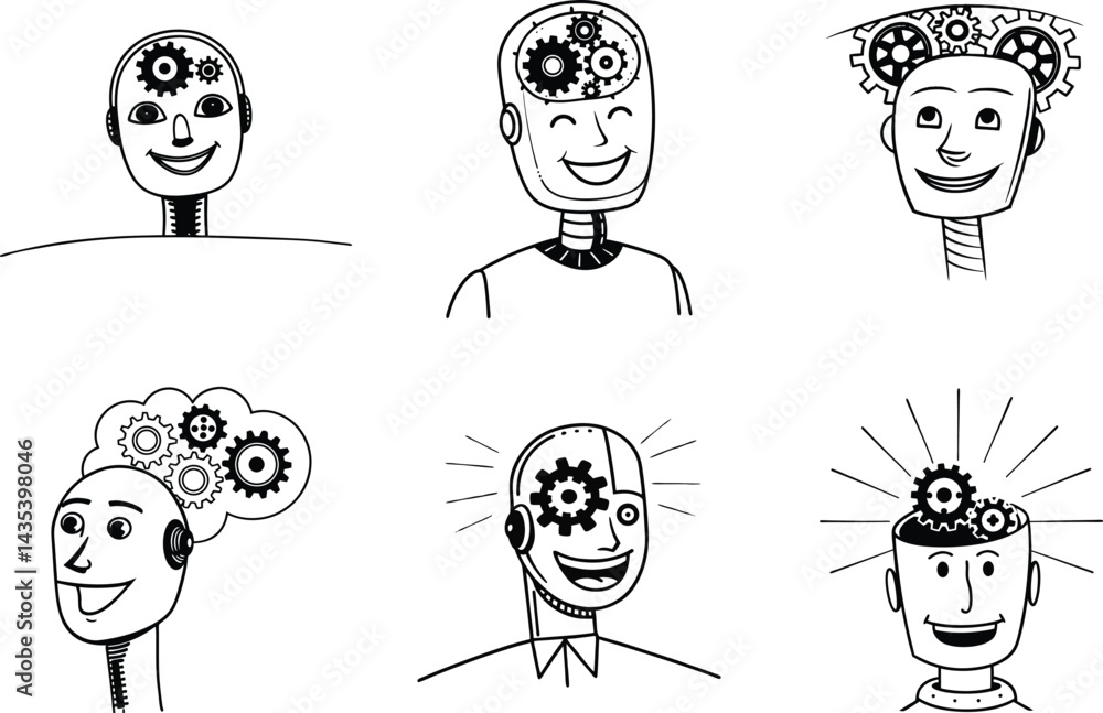 Poster collection of robot heads with gears illustrating artificial intelligence and machine learning conce