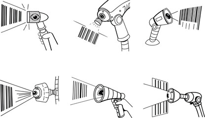 Set of barcode scanners in different styles and shapes line art illustration