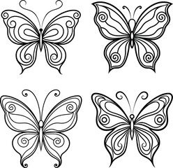 Fototapeta premium Collection of four elegant butterfly outline illustrations art