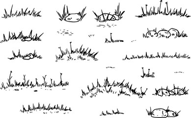 Hand-drawn sketches of grassy fields, rocky landscapes, and doodle natural scenery. Set for nature-themed projects, backgrounds, or illustrations
