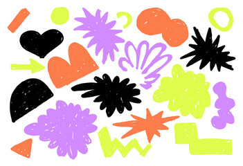 Fototapeta premium Colorful abstract hand-drawn shapes on a white background. A playful mix of organic and geometric elements in black, orange, purple, and yellow creates a fun, modern composition for creative projects.