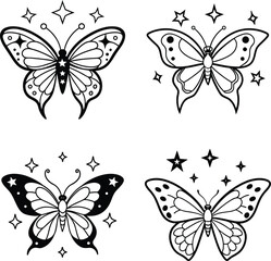 Collection of four whimsical butterfly illustrations with star accents in black and white