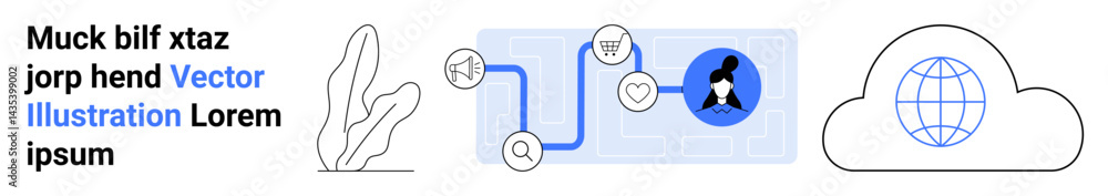 Poster flowchart with interconnected nodes, user profile, and globe within cloud symbol. ideal for data sha