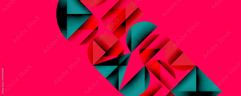 Poster abstract geometric shapes overlap, creating dynamic composition. red, teal colors contrast against v