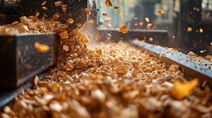 Woodworking process featuring shavings and sawdust in motion highlighting craftsmanship and industrial techniques