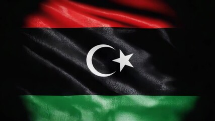 Waving Libya National Flag with Red, Black, and Green Stripes, White Crescent and Star, Symbol of Libyan Identity, Government Representation Waving Libya National Flag 4k video.
