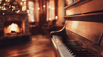 A warm cozy room featuring a piano and a lit fireplace