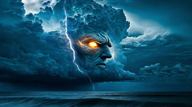 Dark storm cloud forming a giant human face with glowing eye over the ocean. 4K video