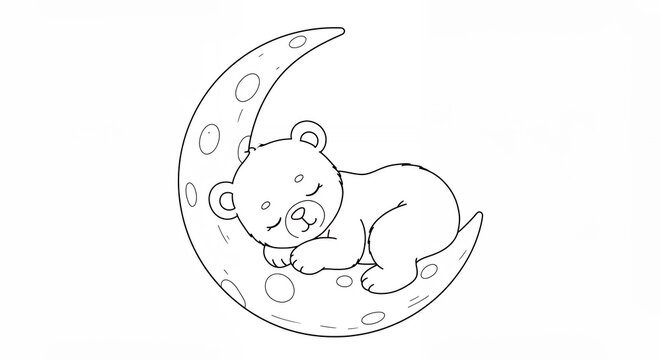 Cute bear sleeping on the moon line art illustration