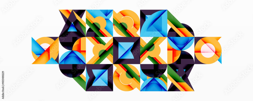 Poster abstract geometric pattern. squares, triangles create colorful mosaic. modern design, vibrant hues, 