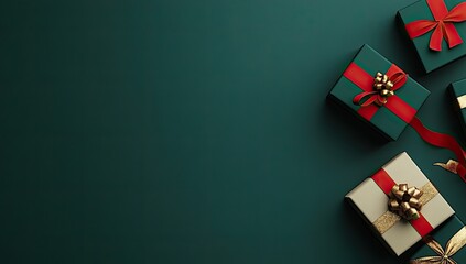 Emerald green background with several elegantly wrapped gifts, red and gold ribbons