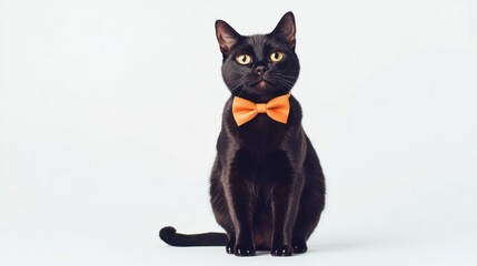 A black cat with an orange bow tie sits elegantly against a plain background.