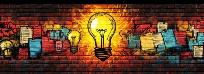 Glowing bulb on graffiti-covered brick wall