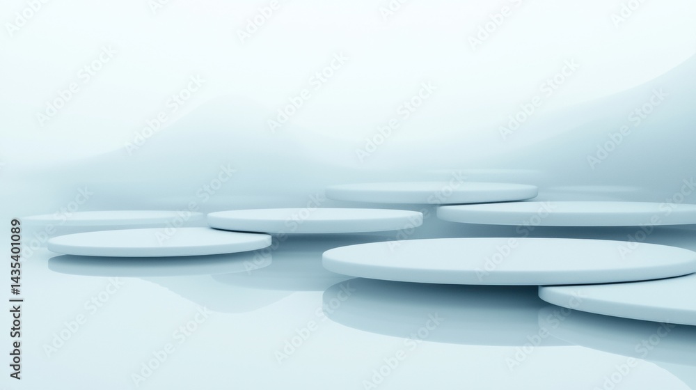 Poster a 3d rendering of a futuristic room with white circular platforms and a blue gradient background.