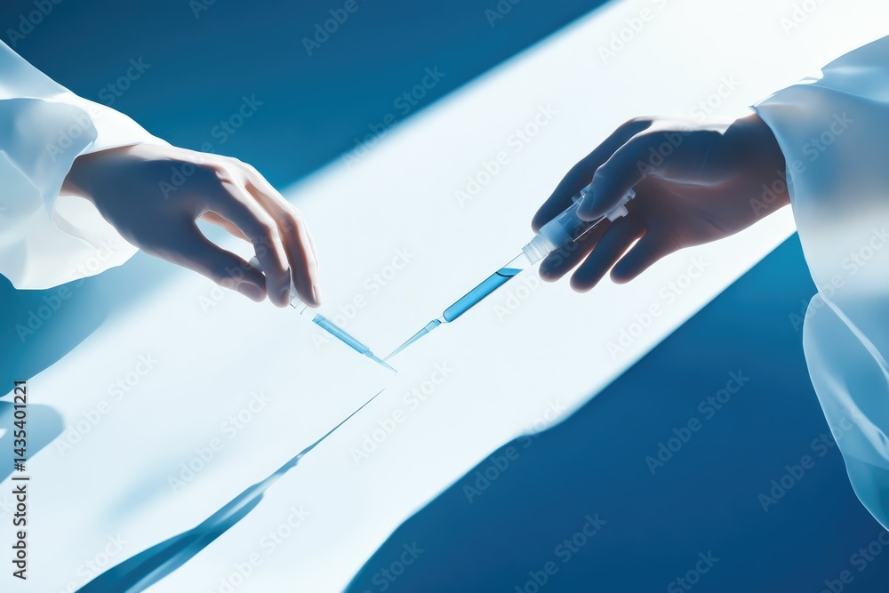 Poster scientists in lab coats meticulously transfer a blue liquid using pipettes, a precise procedure.