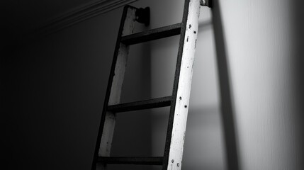 An old wooden ladder leaning against a plain interior wall