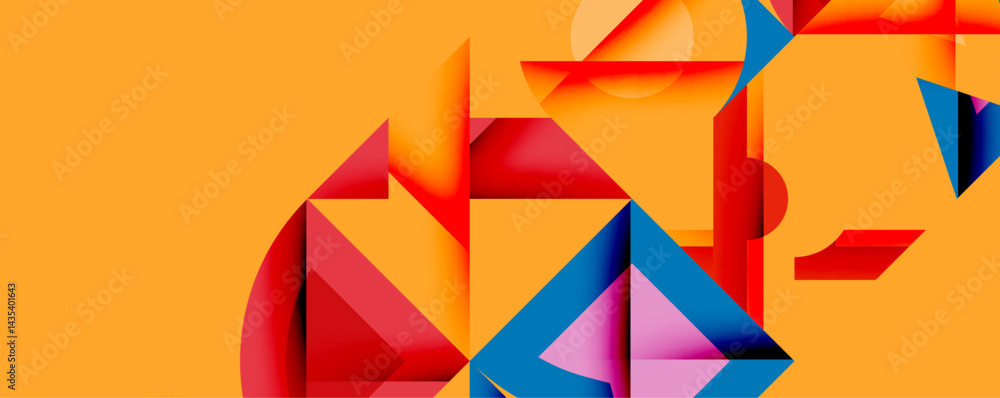 Poster abstract geometric shapes overlap, creating vibrant composition. orange background dominates, accent