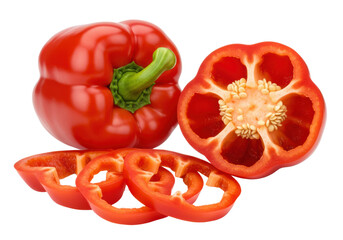 Red bell pepper with slices and a half pepper isolated on transparent background