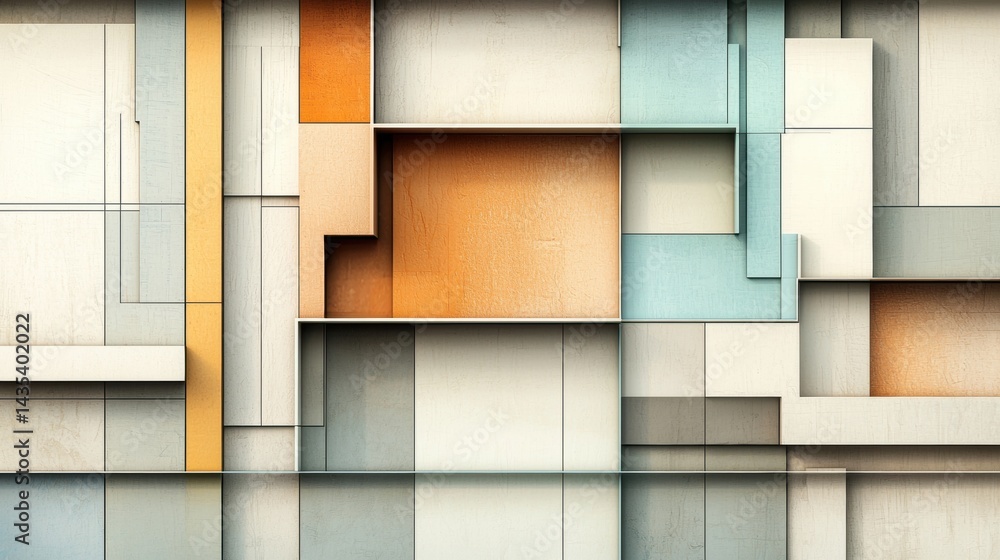 Poster a geometric pattern of squares and rectangles in various colors and shades.