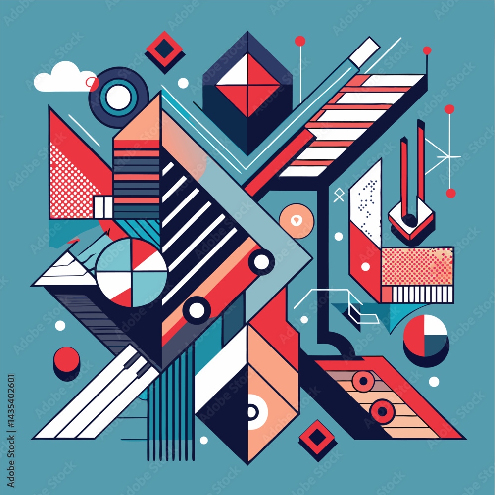 Poster abstract composition featuring dynamic lines and geometric shapes in vibrant colors, evoking movemen