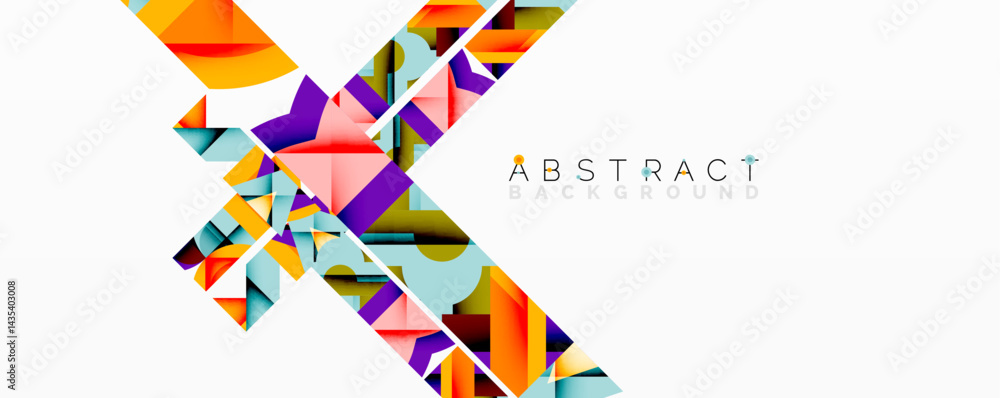 Poster Colorful geometric shapes overlap, creating dynamic abstract design. Bright hues contrast against white space. Modern, vibrant composition.