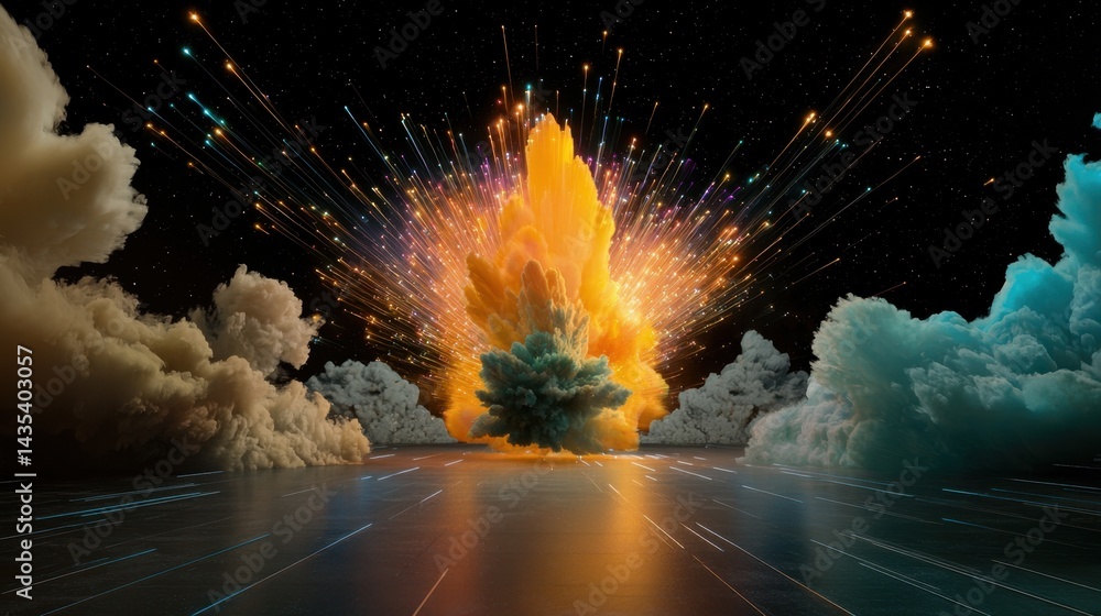 Poster abstract particle blast with vivid rainbow spectrum on black background