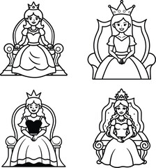 Obraz premium Four different queens in their thrones black and white outline illustrations