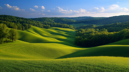 Fototapeta premium Serene rolling green hills under a vibrant sky sunlit fields and lush forests creating a