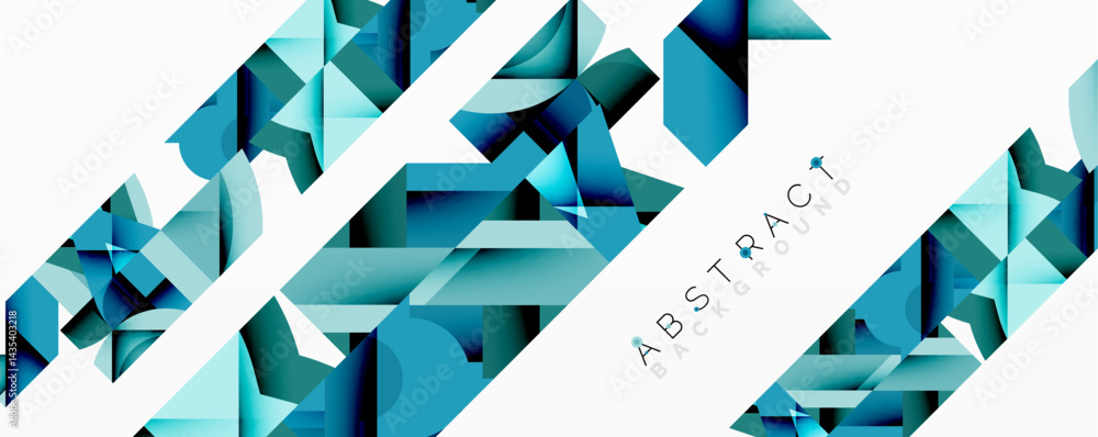 Poster geometric shapes create dynamic abstract background. blue hues dominate design, offering modern aest