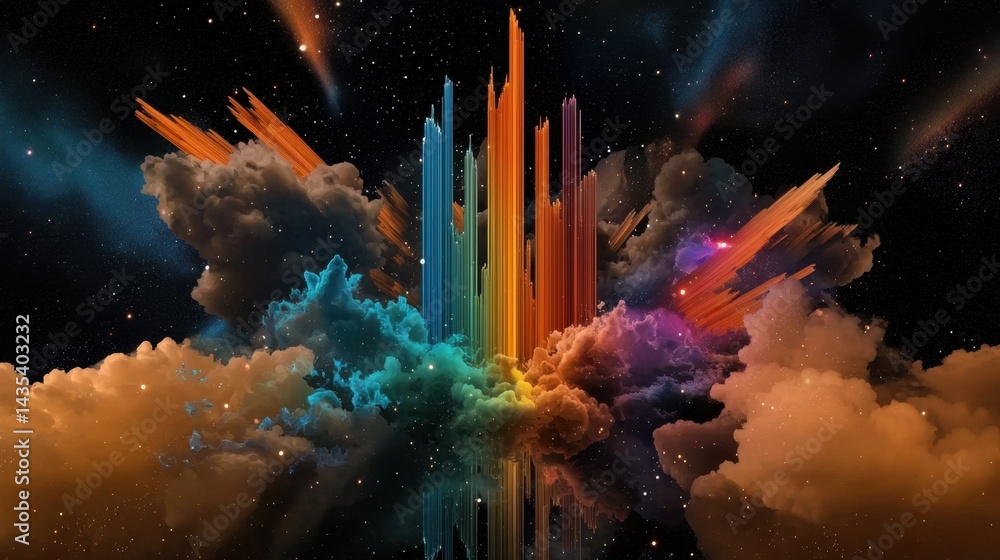 Poster abstract particle blast with vivid rainbow spectrum on black background