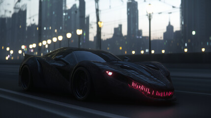 Sleek black futuristic car cruises city night glowing red lights blurred cityscape backdrop