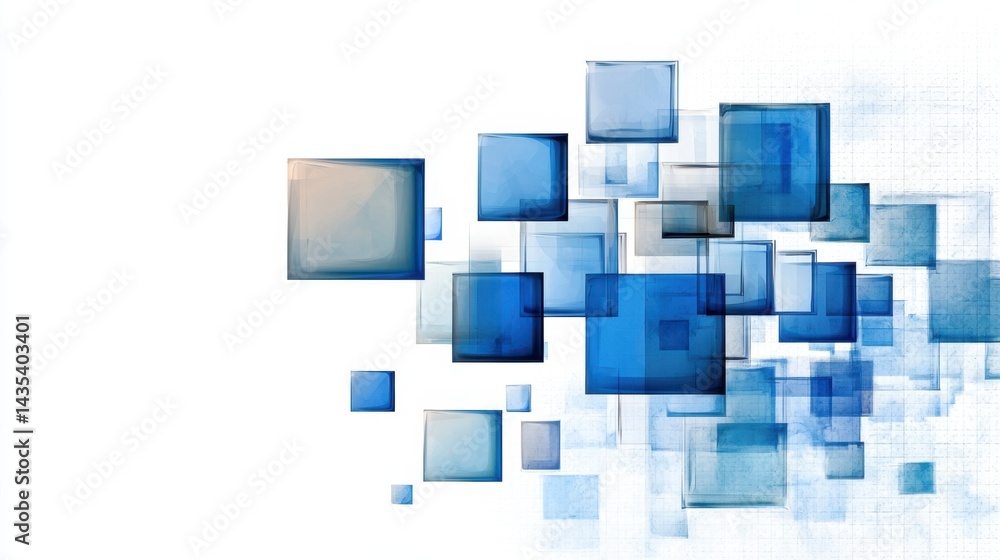 Poster abstract pattern of blue squares in varied sizes floating on white background