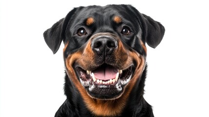 A cheerful Rottweiler dog with a big smile against a white background.