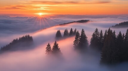 A beautiful sunrise over a mountainous forest shrouded in fog