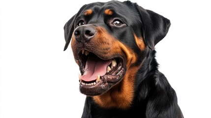Obraz premium A close-up of a happy Rottweiler dog with an open mouth and expressive eyes.