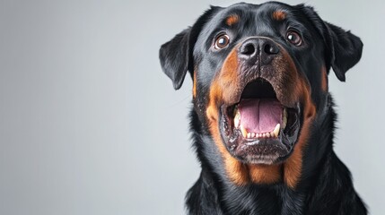 A close-up of a Rottweiler dog with an expressive face and open mouth.