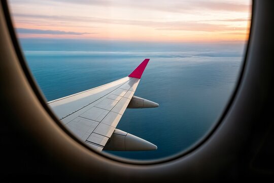airplane concept wing seen through a porthole window concepto de ala de avi&oacute;n vista a trav&eacute;s de un ojo de buey