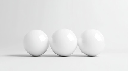 Three white spheres arranged in a row on a clean white background, minimalist composition, modern design concept, and studio shot.