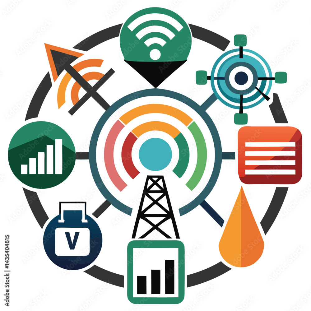 Poster transmitting vector logo design featuring broadcasting network elements and communication symbols in